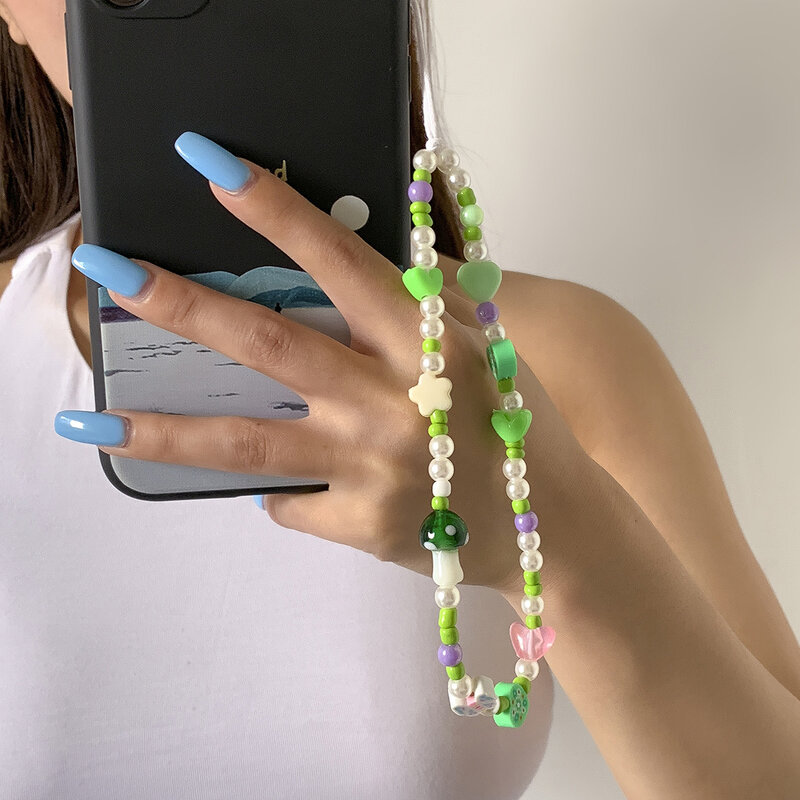 Green Mushroom Heart-shaped Phone Chain flower Women Soft Pottery Beaded Mobile Strap Phone Charm Girl Anti-Lost Lanyard Jewelry
