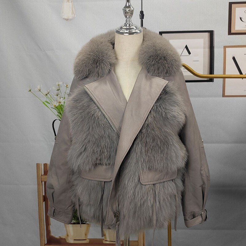 Genuine leather fox skin outerwear of women biker jackets long sleeve short fur coat Korean-style