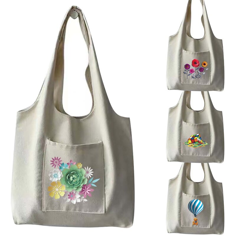 Women Canvas Shoulder Bag Shopping Bags 3D Pattern Vest Bag Cotton Cloth Fabric Grocery Handbags Tote Book Bag for Girls