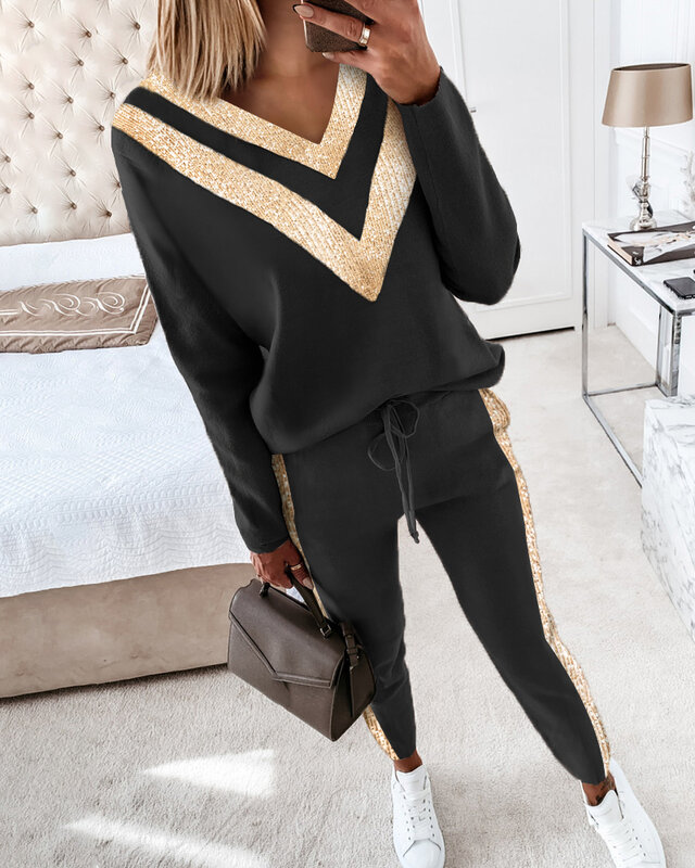 2021 Best Selling Winter Women's tracksuit Solid Color Striped Turtleneck Sweater and Elastic Trousers Suits Knitted Two Piece