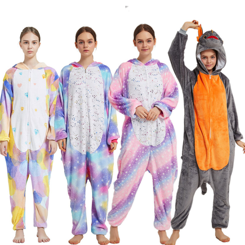 Macacões com capuz para adultos, pijamas de panda kigurumi, pijamas de unicórnio para crianças