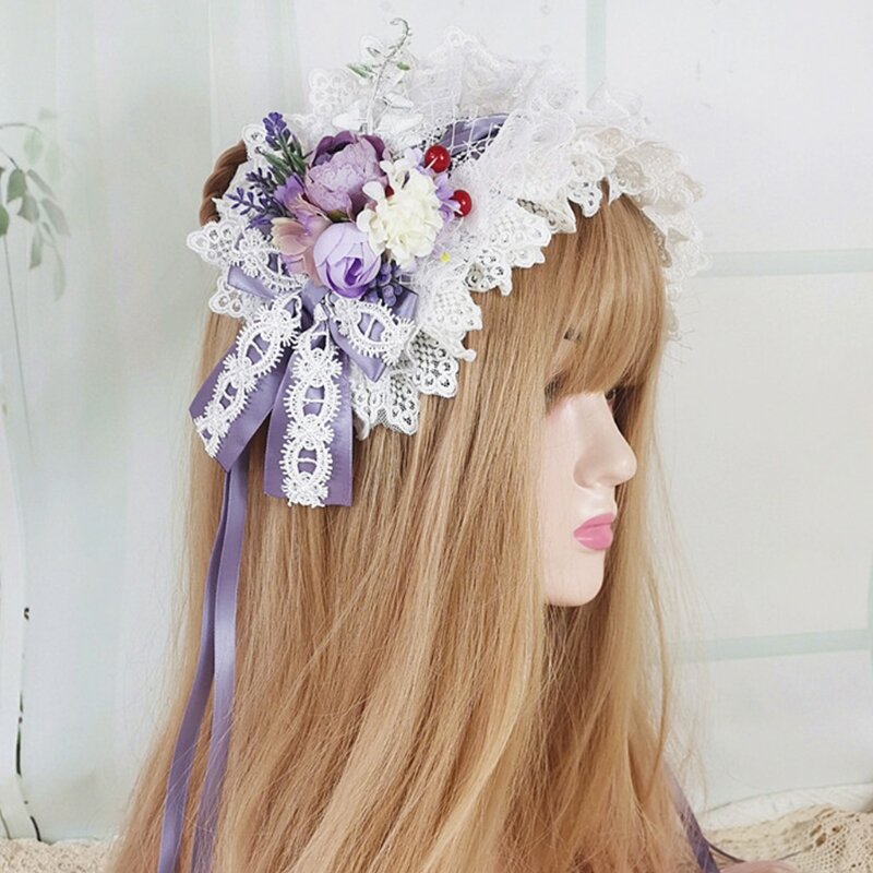 Lolita Pastoral Headband ประดิษฐ์ดอกไม้ Ruffled Lace Bowknot ริบบิ้น L41B