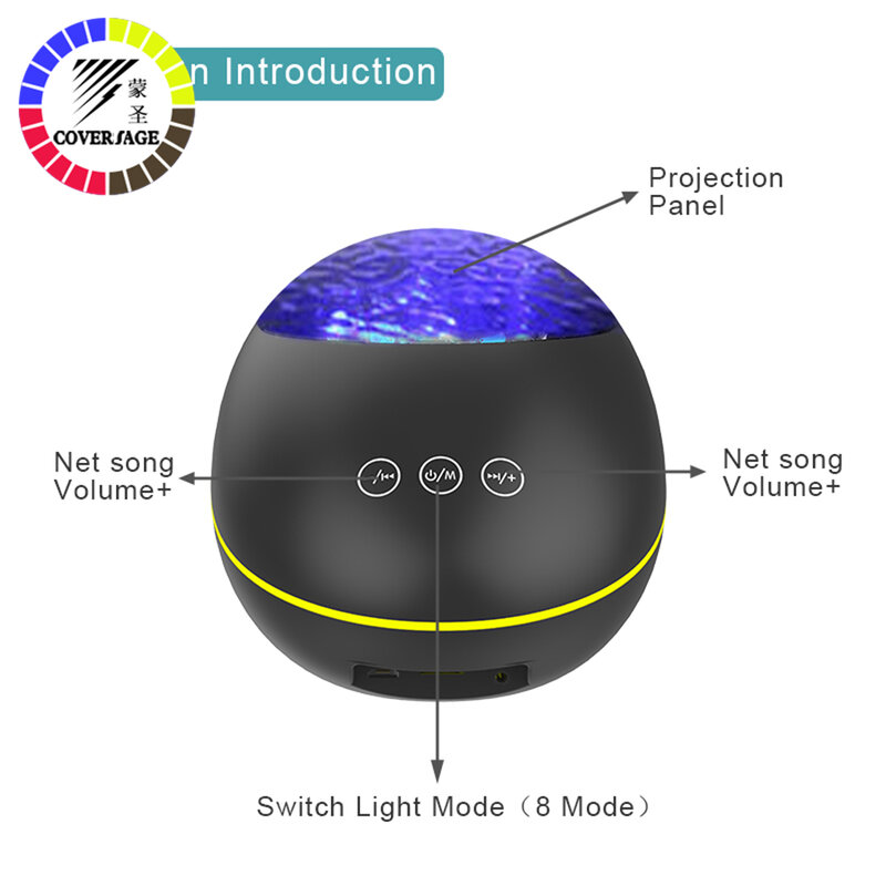 Coversage-오션 웨이브 프로젝터 LED 야간 조명, 블루투스 호환 USB 원격 제어 음악 플레이어 스피커 오로라 프로젝션