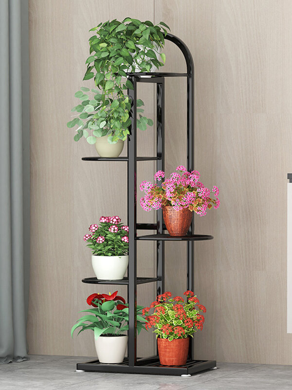 Supporto per piante da fiore a più livelli per esterni espositore per interni per interni cortile giardino Patio balcone scaffali in legno supporto per piante in metallo nero