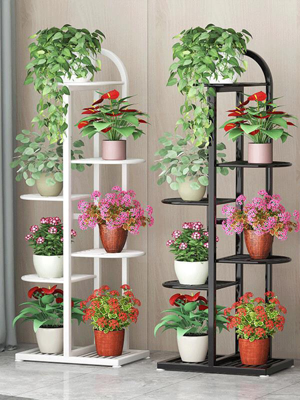 Supporto per piante da fiore a più livelli per esterni espositore per interni per interni cortile giardino Patio balcone scaffali in legno supporto per piante in metallo nero