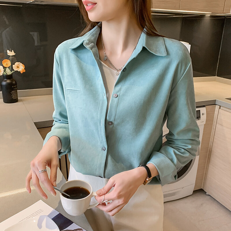 Hebe&Eos Shirts Women Elegan Ladies Tops Long Sleeve Turn-down Collar 2021 Spring Autumn Femme Blouses Mujer Apricot Pink Blue
