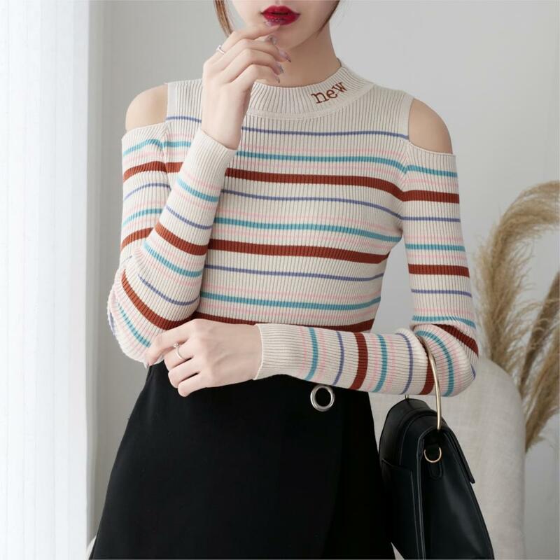 Suéter feminino tricô gola alta, pulôver listrado macio manga longa outono inverno 2019