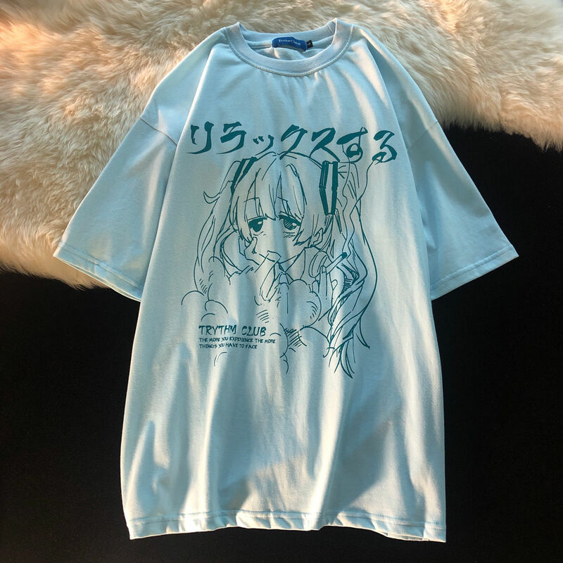 여름 한국 신선한 소녀 티셔츠 Ins 하라주쿠 애니메이션 3D 인쇄 짧은 소매 2021 핫 캐주얼 패션 인기있는 짧은 소매
