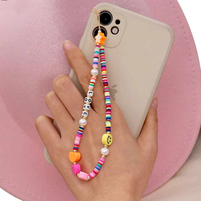 HUANZHI-Correa colorida de teléfono móvil para mujer, cordón de perlas de cerámica para funda colgante de smartphone