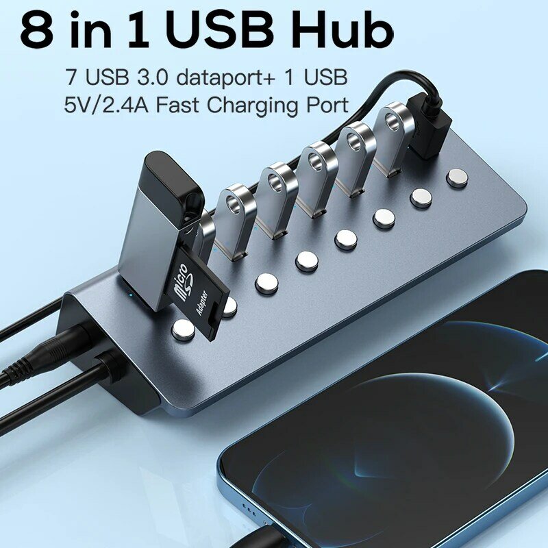 Schitec 8 포트 전원 USB 3.0 허브 USB 확장 On/Off 스위치 15W 어댑터 지원 분배기 컴퓨터 액세서리