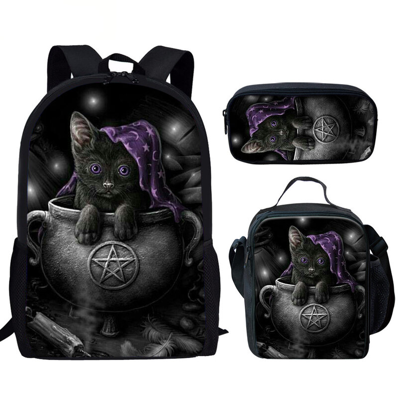 3男の子と女の子のための黒の猫のプリントが施されたランドセル,カジュアル,学生のブックバッグ,ピース/セット