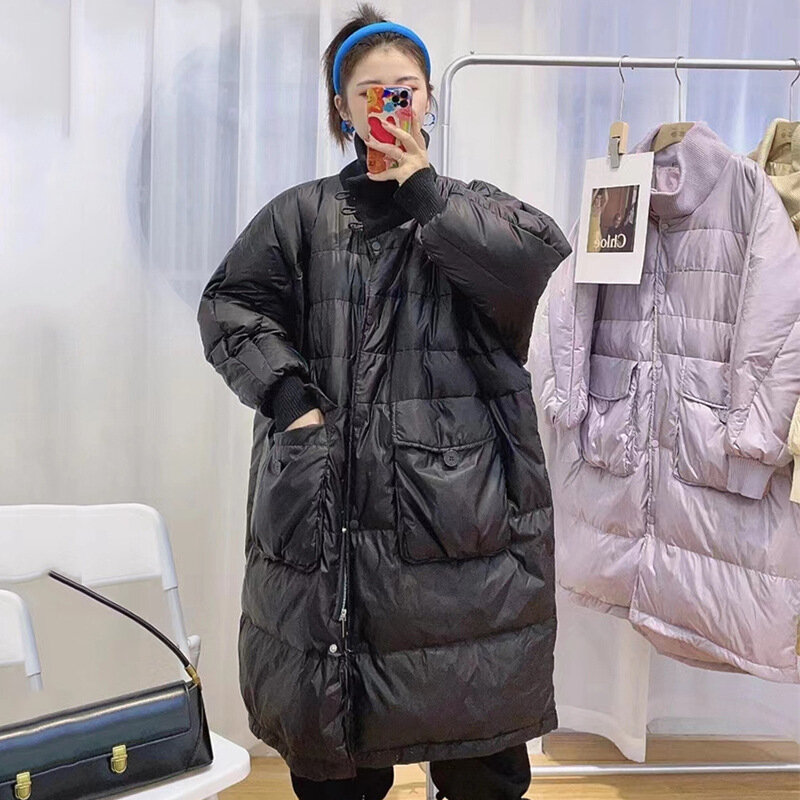 겨울 자켓 여성 코트 X 긴 스탠드 칼라 따뜻한 후드 느슨한 겉옷 패션 Streetwear 오리 2021 새로운 90% 화이트