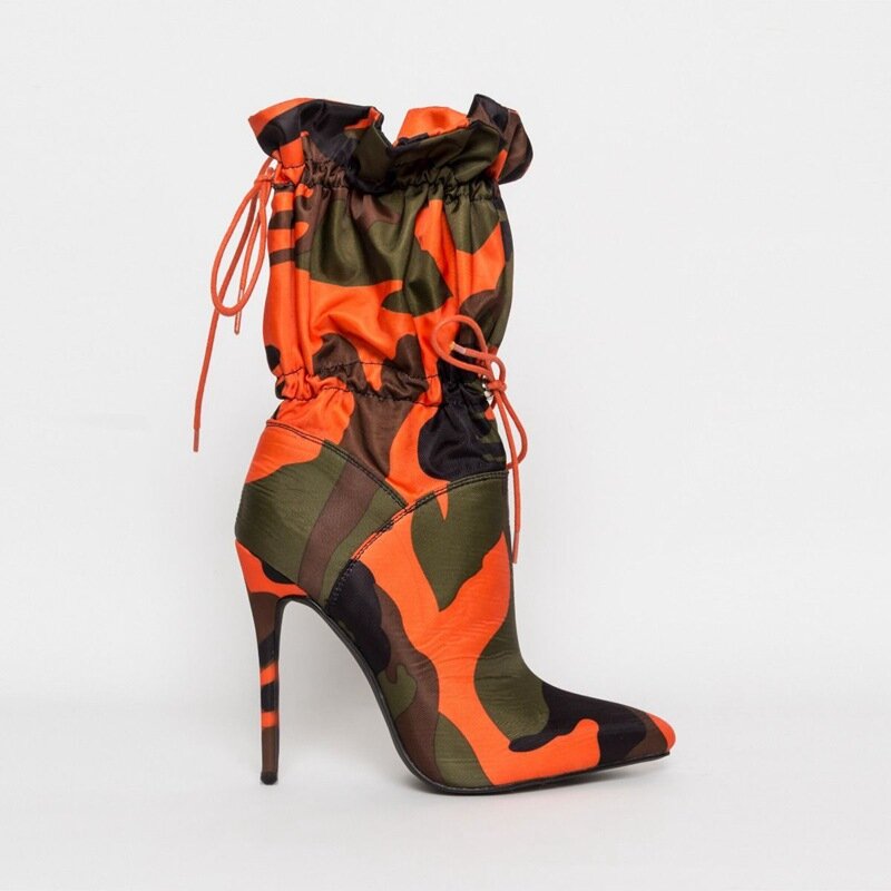 Camouflage Heels Elastic Band Boots Women Stretch Fabric Elastic Stilettos Heel Pointed Toe Ankle Fashion Shoes Woman Mid Boots