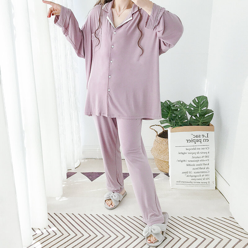High-End European and American Simple plus Size Modal Pajamas Suit Long Sleeve Cardigan Homewear Spring and Autumn Women's Fat