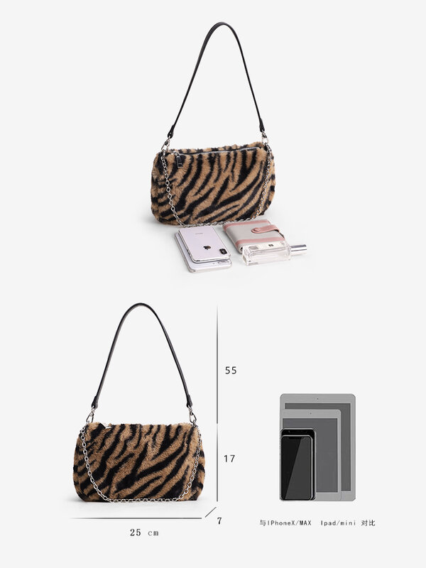 Moda leopardo saco de pele do falso bolsa de ombro das mulheres marca macia corrente de pelúcia bolsa feminina animal impresso mensageiro sacos para mulher