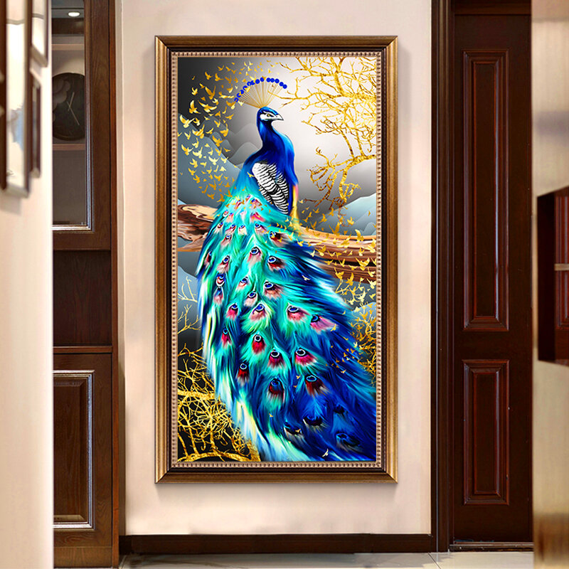 لوحة التطريز الذاتي بالماس على شكل طاووس الحيوانات مطرز بالماس بالكامل بشكل طاووس أزرق زينة منزلية على شكل حيوانات يدوية هدية فنية