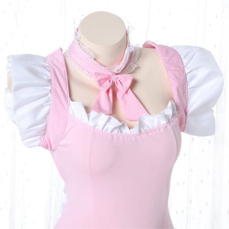 Japanese Kawaii Pink Ruffle Maid Outfit Anime Cosplay Sexy Costumes Daily Apron Uniform Skirt Set Cute Girls Lolita Nightdress
