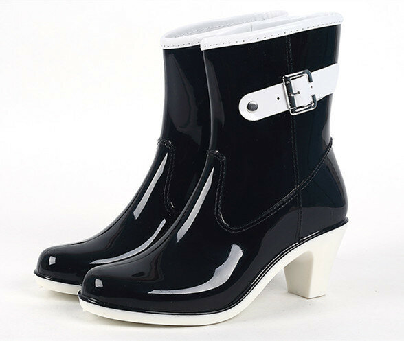 Sepatu Bot Hujan Wedges Hak Tinggi Wanita Sepatu Bot Hujan PVC Antiselip Tahan Air Sebetis Sepatu Bot Wanita Sepatu Atas Karet