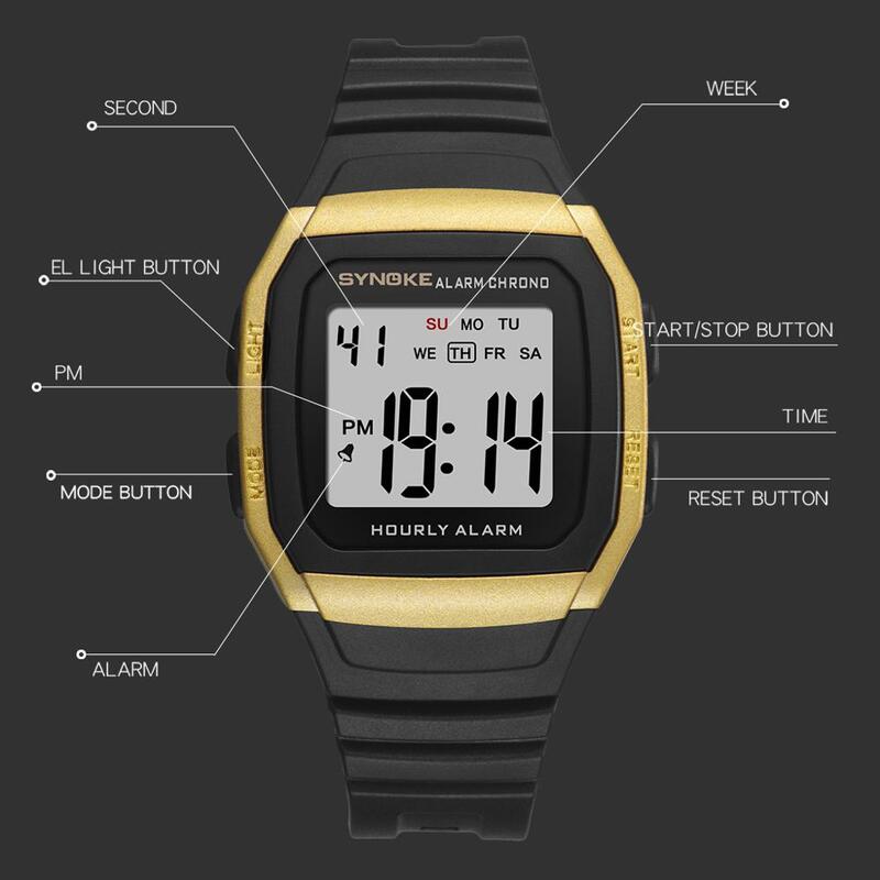 Synoke relógio de pulso masculino fashion esportivo, à prova d'água led digital eletrônico militar com alarme