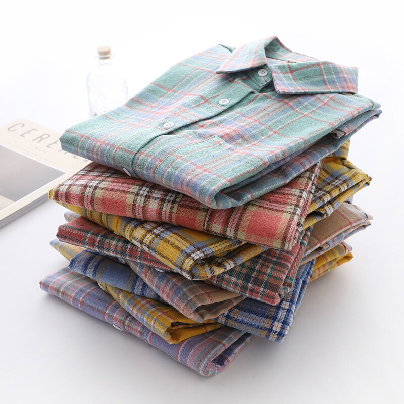 JMPRS-camisas a cuadros de algodón puro para mujer, blusa holgada Vintage de manga larga con cuello vuelto, Top informal coreano para mujer 2021