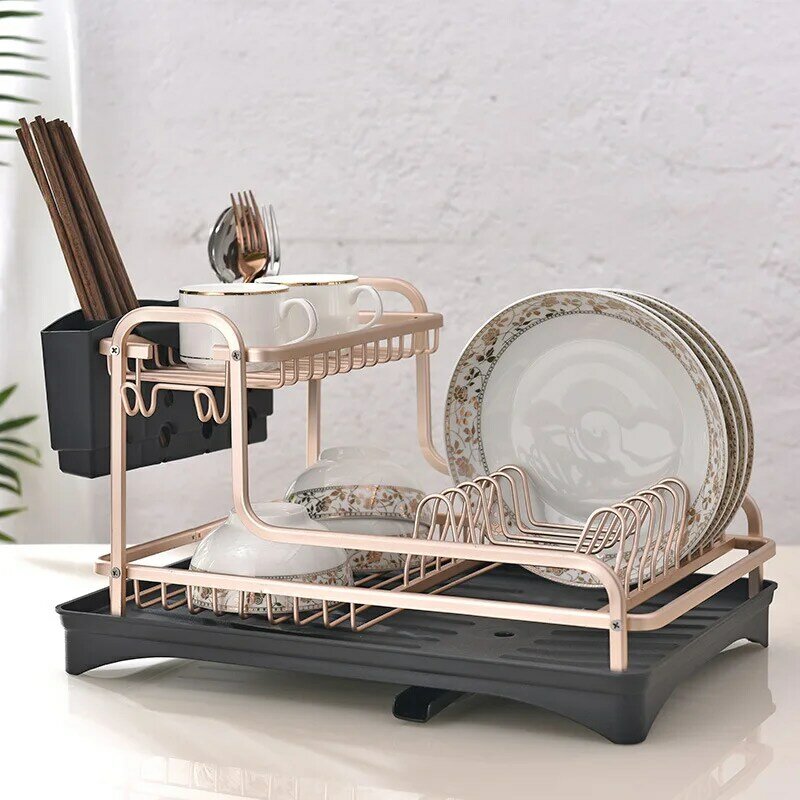 Space Aluminum Dish Rack Kitchen Organizer Storage Drainer Drying Plate Shelf Sink Supplies Knife and Fork Container