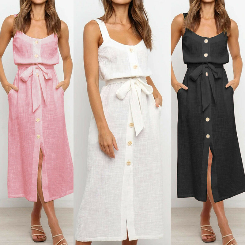 Dresses For Women 2021 Buttons Bandage Solid Color Sling Vest Sleeveless Dresses Ladies Casual Sexy Loose Long Dress Clothing