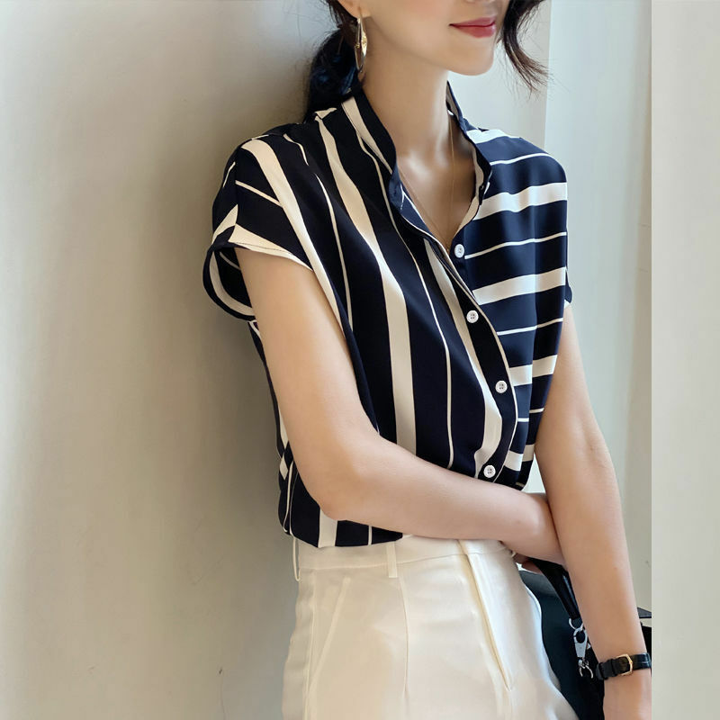 Chiffon Blouse New Women Tops Short Sleeve Polo Collar Work Wear Shirts Elegant Lady Casual Striped Blouses Women's blusas mujer