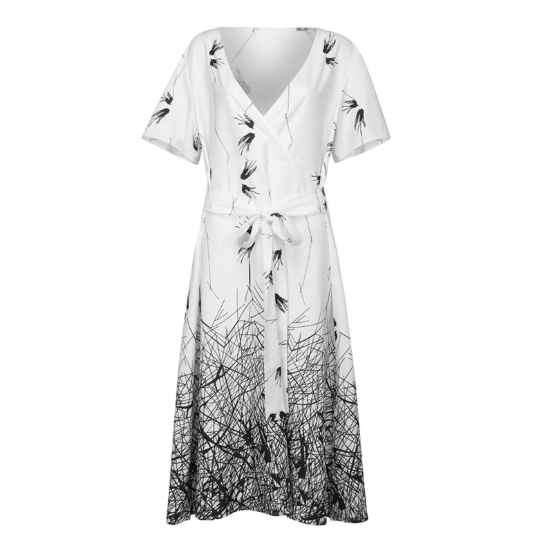 Letnie sukienki moda damska Plus rozmiar dekolt w serek bandaż z krótkim rękawem drukuj sukienka trapezowa darmowa wysyłka