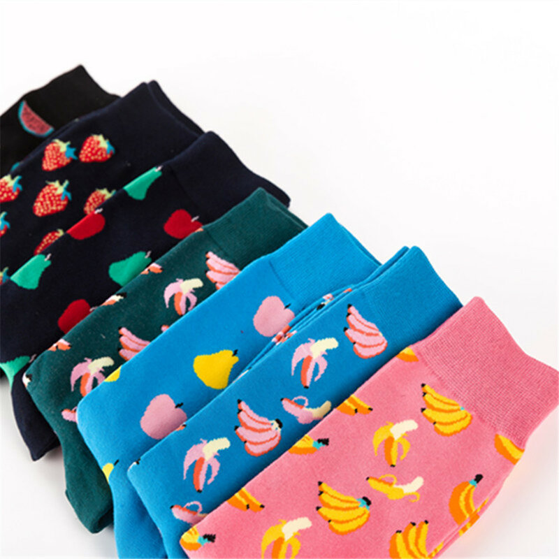 Красочные носки с фруктовым рисунком, забавные носки из хлопка с яблоком, бананом, вишней, арбузом, повседневные длинные носки для всех сезо...