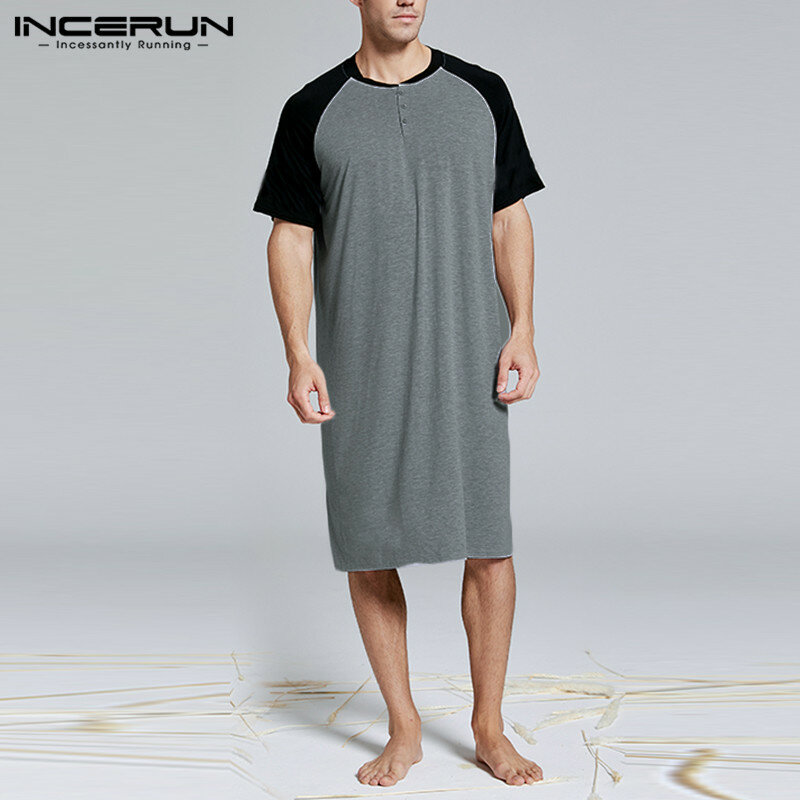 Man Sleep Tops Summer Short Sleeve Round Neck Patchwork Sleepclothes Men Sleepwear Nightshirts Loose Nightwear Homewear INCERUN