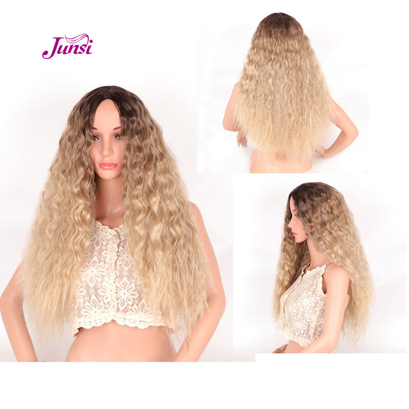 JUNSI 24inch Blonde  Long Wavy Wigs Cosplay  Natural Synthetic Women' s  Brown Gradient Golden Yellow Wig Heat Resistant Hair