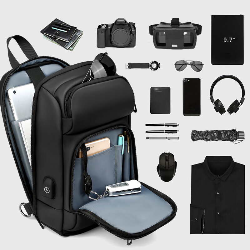Inrnn – sac à bandoulière imperméable pour hommes, sac de poitrine chargeur USB, sacs à bandoulière de qualité court voyage, sac de poitrine décontracté Business