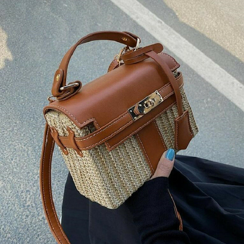 Bolsa de ombro de palha trançada, bolsa de mão feminina fofa estilo escolar, bolsa de mão vintage para mulheres