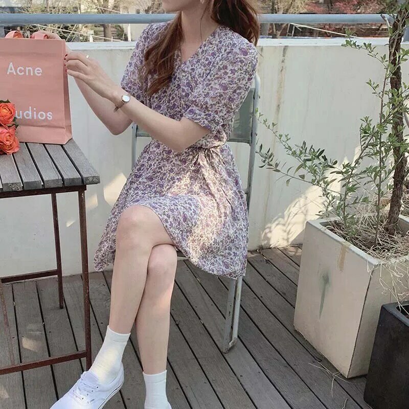 Женское платье с коротким рукавом, облегающее платье с принтом в Корейском стиле, Пляжное Платье во французском стиле, лето 2021
