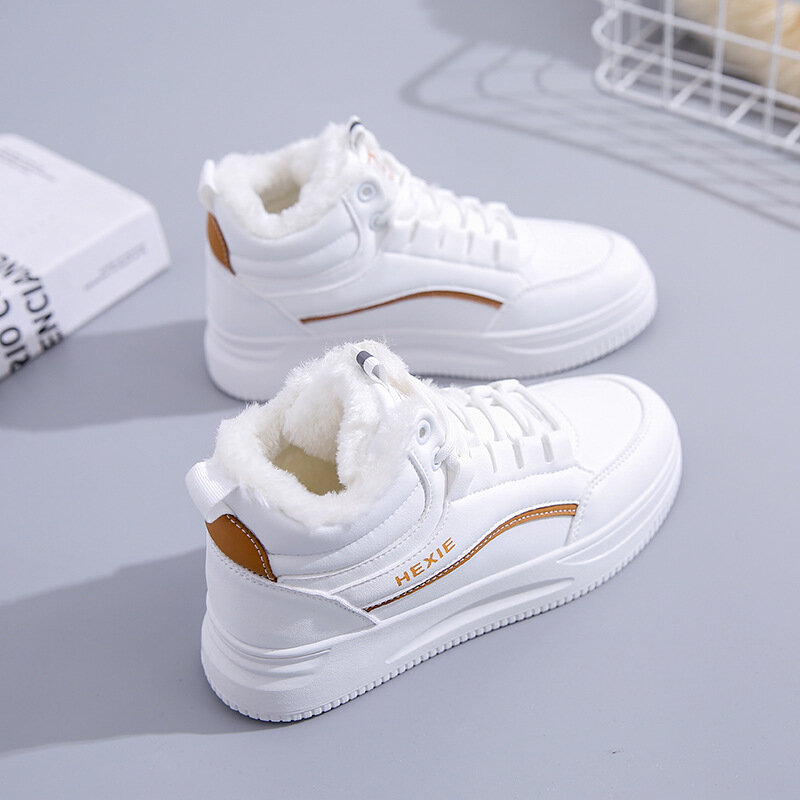 Women's White Shoes Winter Cotton Shoes PU Leather High-top Sneakers Platform Snow Boots Girl 2021 New Lace-up Sneakers Zapatos