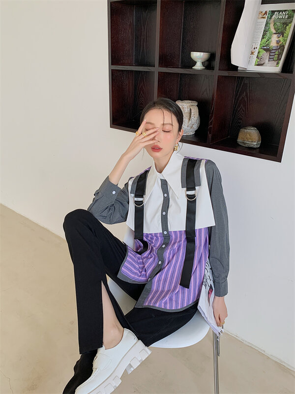 2021 New Fashion Tide donna autunno camicia Chic impunture Patchwork Stripe Strap camicetta Mujer Street camicie Ins