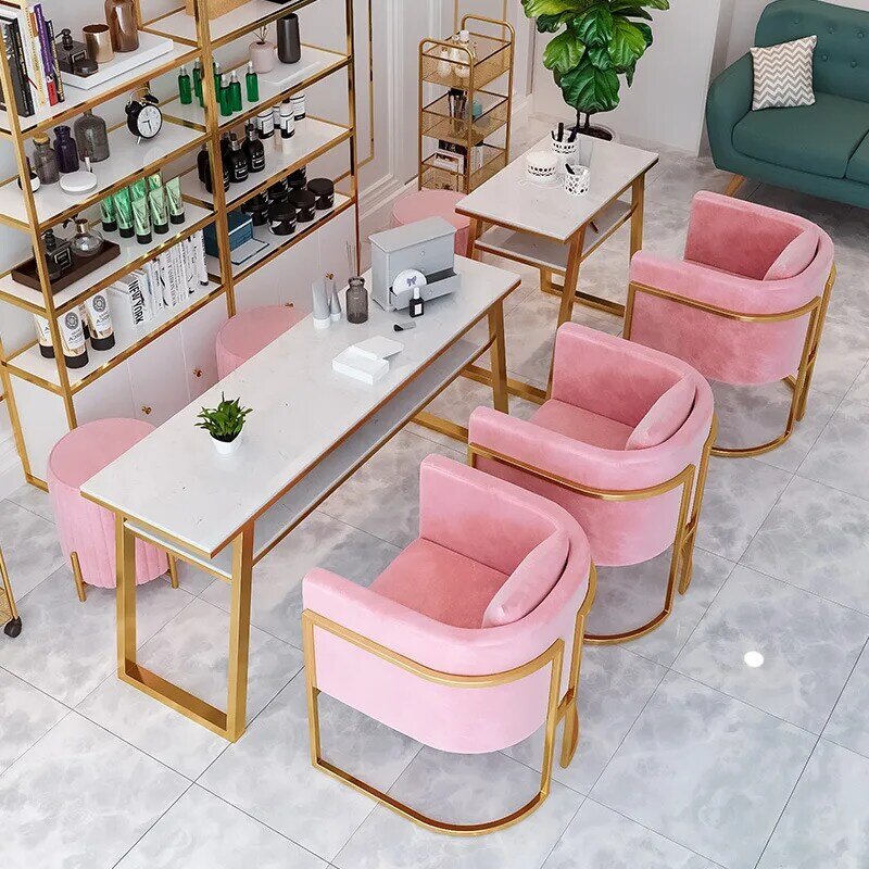 Oświetlenie w stylu nordyckim luksusowy marmurowy stół do Manicure i zestaw krzeseł Salon kosmetyczny podwójny stół do Manicure i krzesła różowe biurko do paznokci