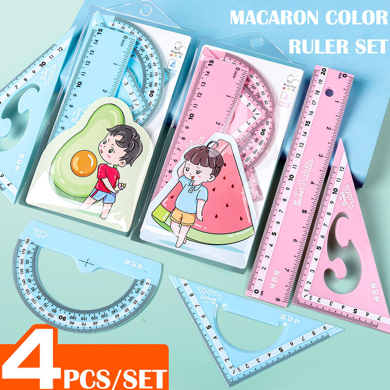 4Pcs/lot 15cm/20cm Macaron Geometry Ruler Set Protractor Mathematical Compasses for School Stationery Plastic Straight Rulers