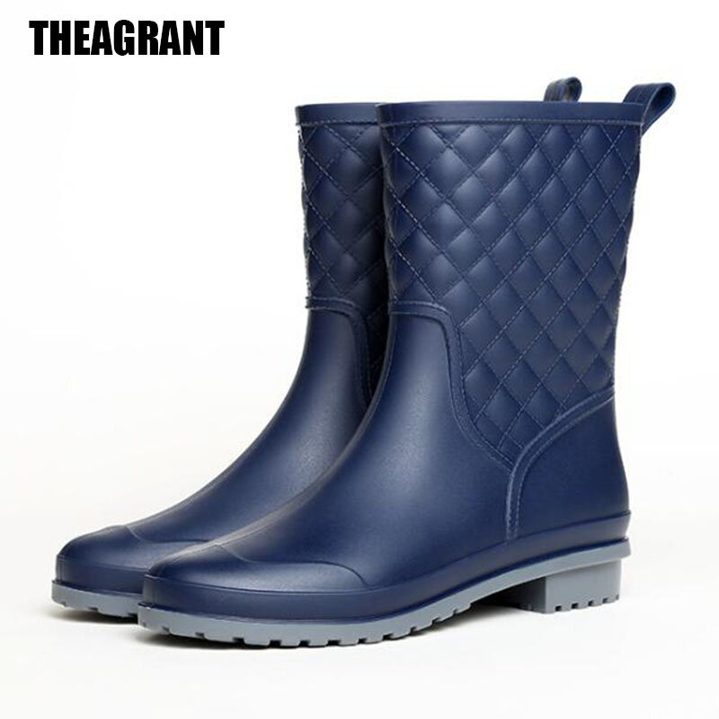 THEAGRANT Rubber Rain Boots Women 2023 Gingham Mid-Calf Casual Shoes Woman Slip-Resistant Waterproof Rainboots Flats WBS2031