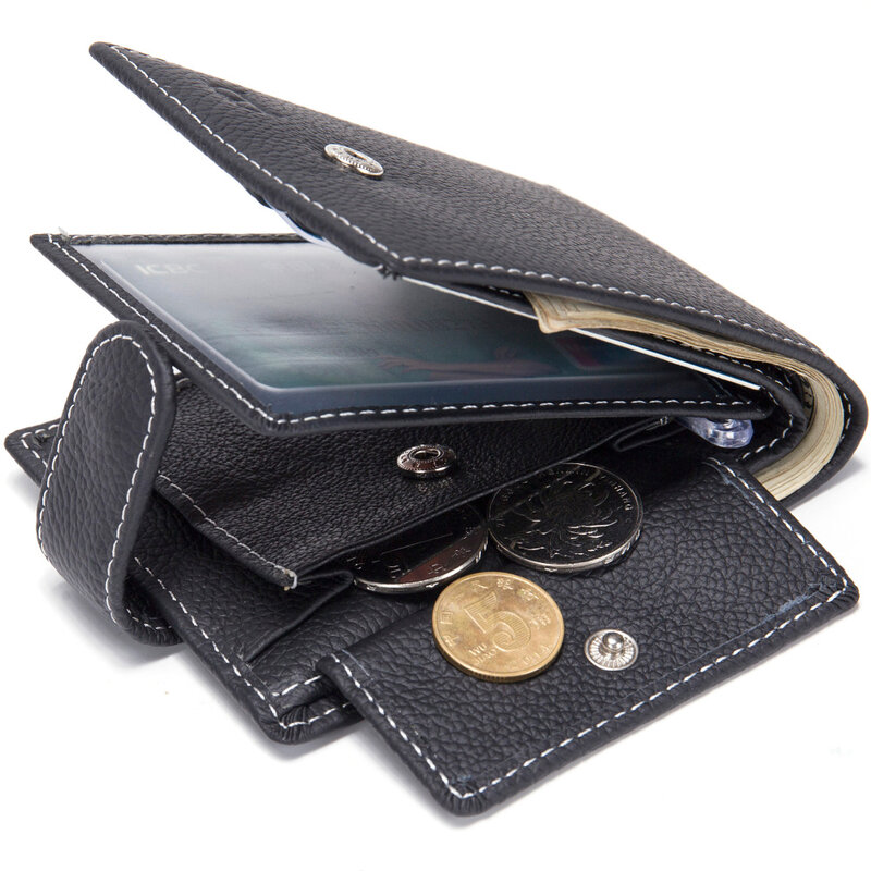 Simples puro couro masculino curto carteira mágica tri-fold fino bolsa de negócios preto compacto titular do cartão moeda bolsas presentes