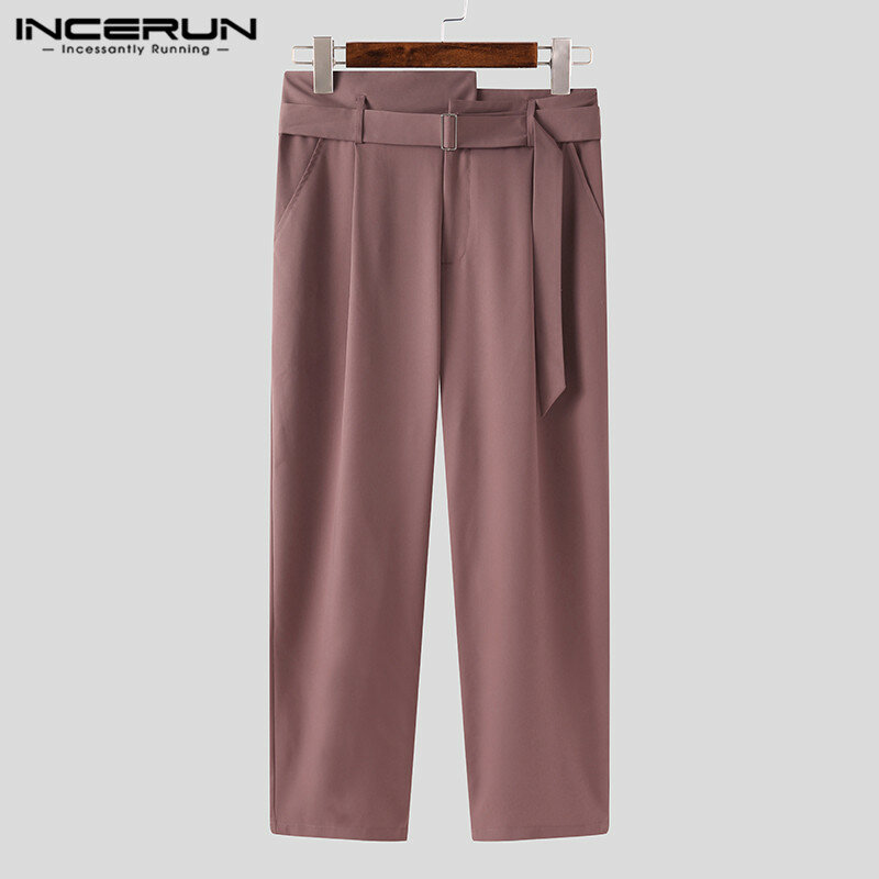 Męskie proste spodnie solidne spodnie z wysokim stanem moda nieregularny pas Pantalon INCERUN męska z zamkiem błyskawicznym spodnie z paskami S-5XL 7