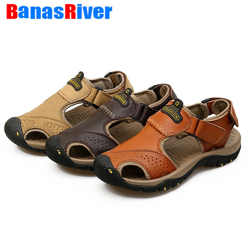 Big Size Leather Cowhide Men Sandals Summer Quality Beach Slippers Fashion Outdoor Walking Flats Casual Sneakers Outdoor Shoes