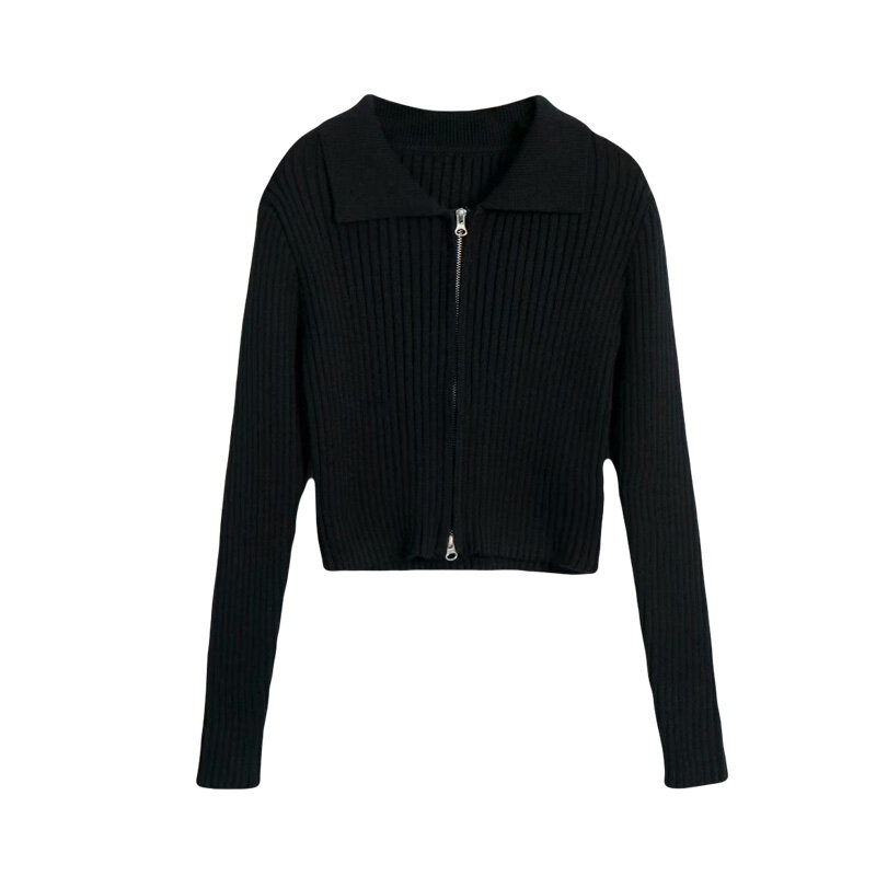 American Retro Cardigan Coat Women's Slim Fit All-Matching Sweater Autumn Double Zipper Western Style Lapel Sweater Short Top