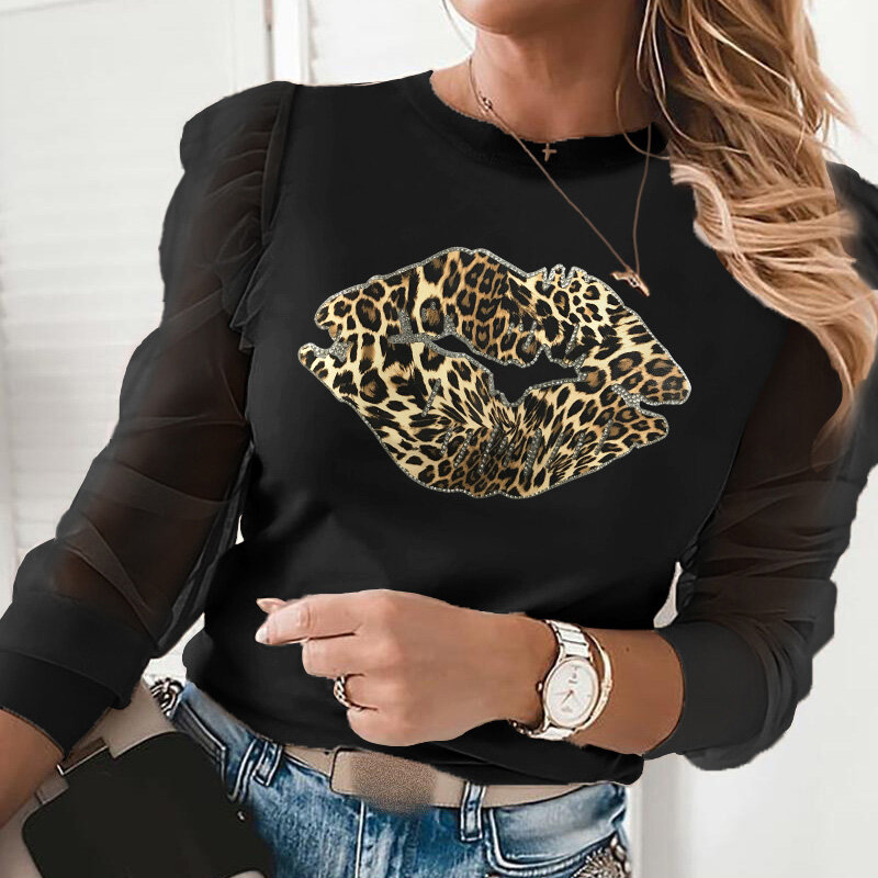 Lace Long Puff Sleeve Women's Blouse Patchwork Printed Leopard Pearl O-neck Female Thin Top 2021 Spring Fashion Lady Blouses