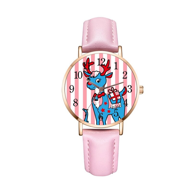 Nova menina rosa listrado fawn digital relógio de quartzo couro relógio de pulso feminino presente natal