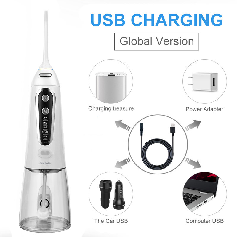 ポータブル口腔洗浄器,5モデル,USB充電式水ジェット,6つのジェットチップ,300ml