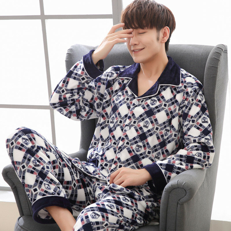 Conjunto de pijama de flanela masculino, pijama de cintura elástica com lapela, cardigã e botão, grosso, para outono e inverno