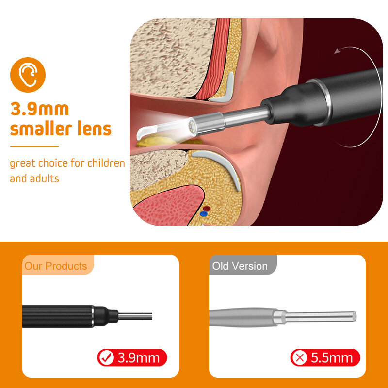 Mini câmera otoscópio, endoscópio p40 original sem fio, 300w, ferramenta selecionadora de orelha para crianças e bebês, vs m9 pro