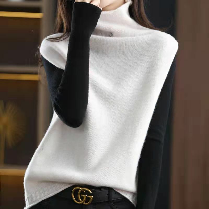 Chaleco de lana de punto para mujer, jersey de cuello alto sin mangas, color sólido, holgado, versión coreana, primavera y otoño