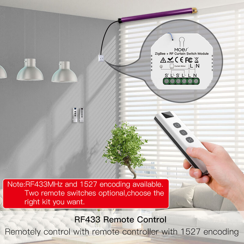 Moes-Módulo de interruptor de cortina inteligente RF433 ZigBee, motorizadas para persianas enrollables, Motor 2mqtt, Tuya, APP inteligente, Alexa y Google Home
